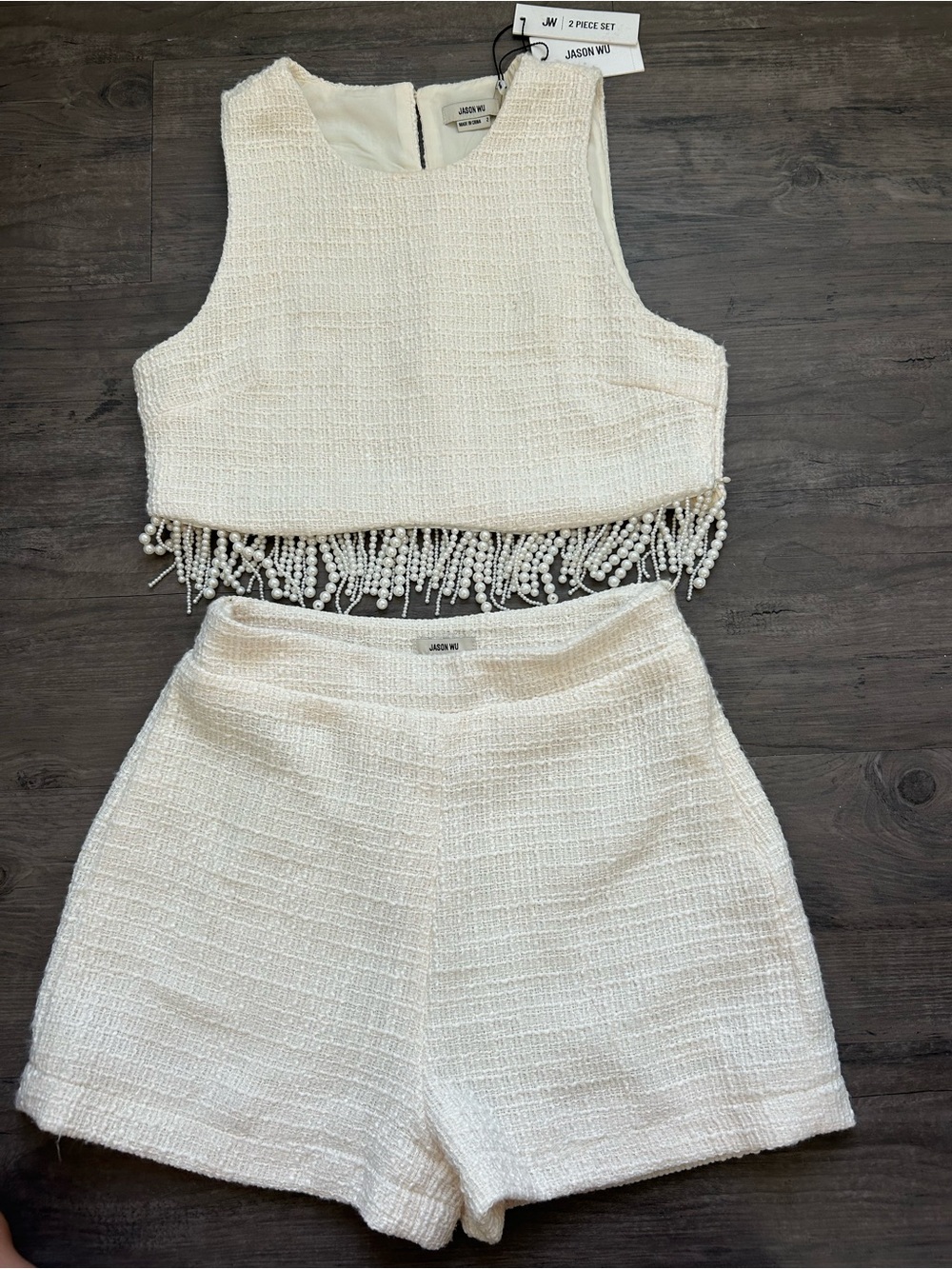 Jason Wu Ivory Tweed Beaded Fringe Crop Top & High-Waist Shorts Set
